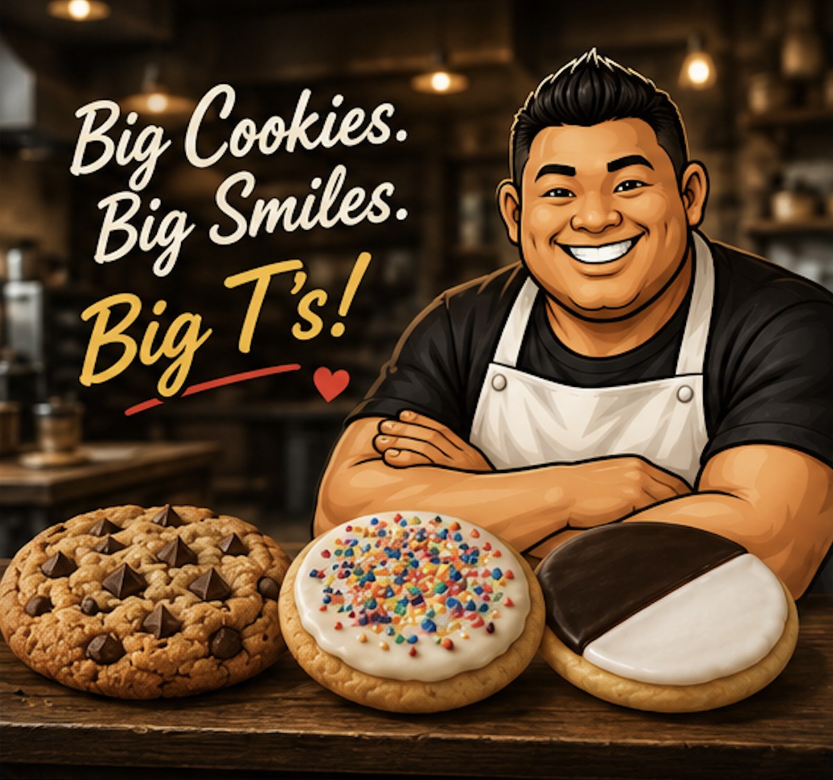 Big T's Bakery mascot presenting chocolate chip, birthday cake, and black & white cookies